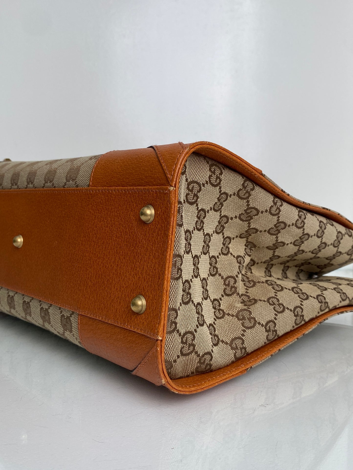 Gucci GG Supreme Cognac Leather Stud Accent Tote GHW