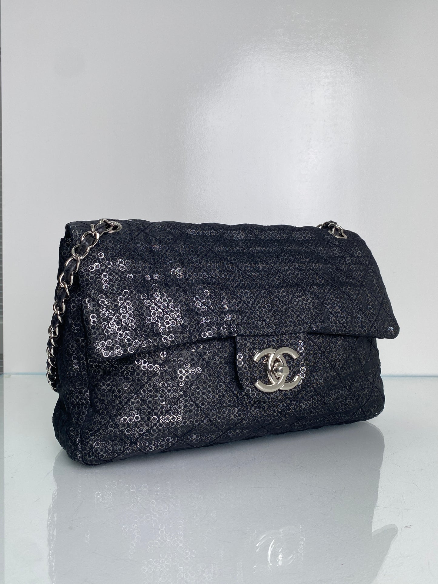 Chanel Black Hidden Sequin Maxi Single Flap Bag SHW #12