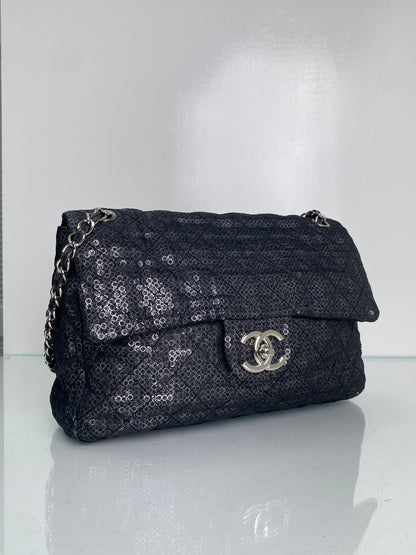 Chanel Black Hidden Sequin Maxi Single Flap Bag SHW #12