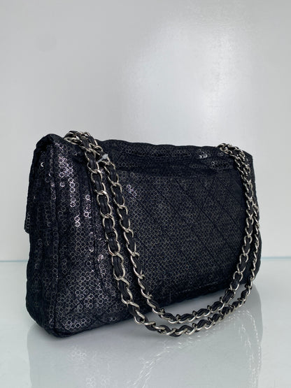 Chanel Black Hidden Sequin Maxi Single Flap Bag SHW #12