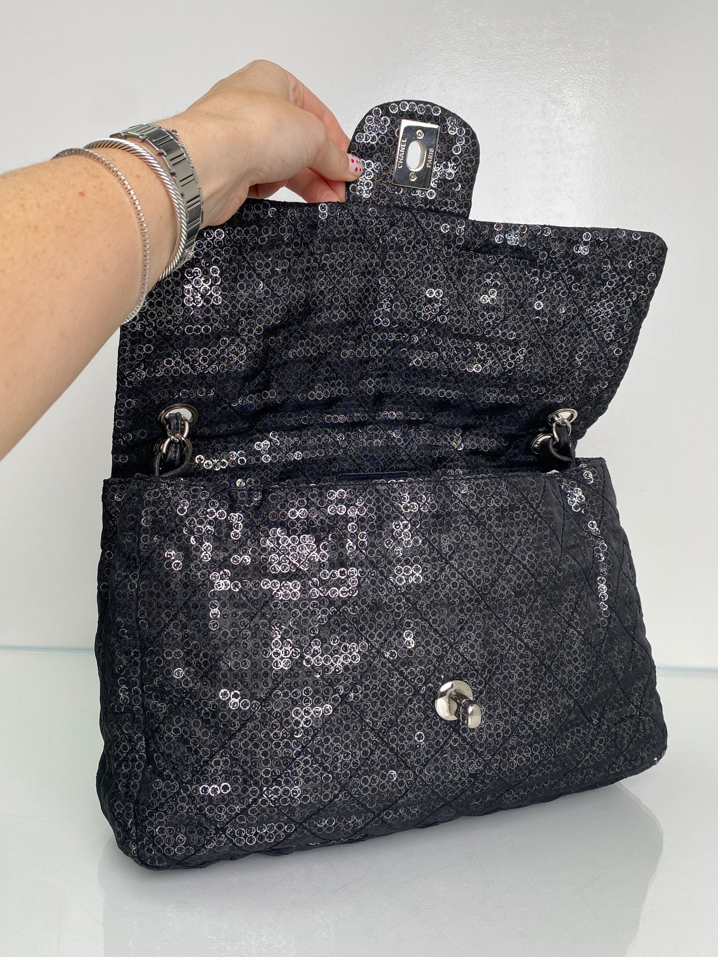 Chanel Black Hidden Sequin Maxi Single Flap Bag SHW #12