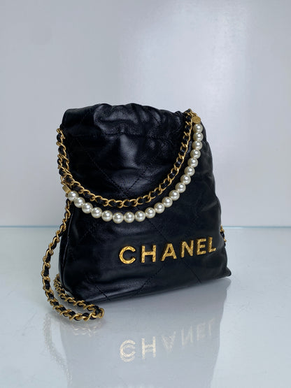 Chanel 22 Mini Black Pearl Chain Strap Bag GHW