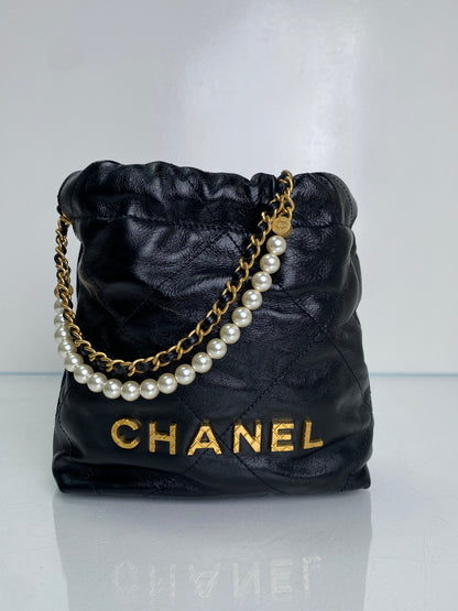 Chanel 22 Mini Black Pearl Chain Strap Bag GHW