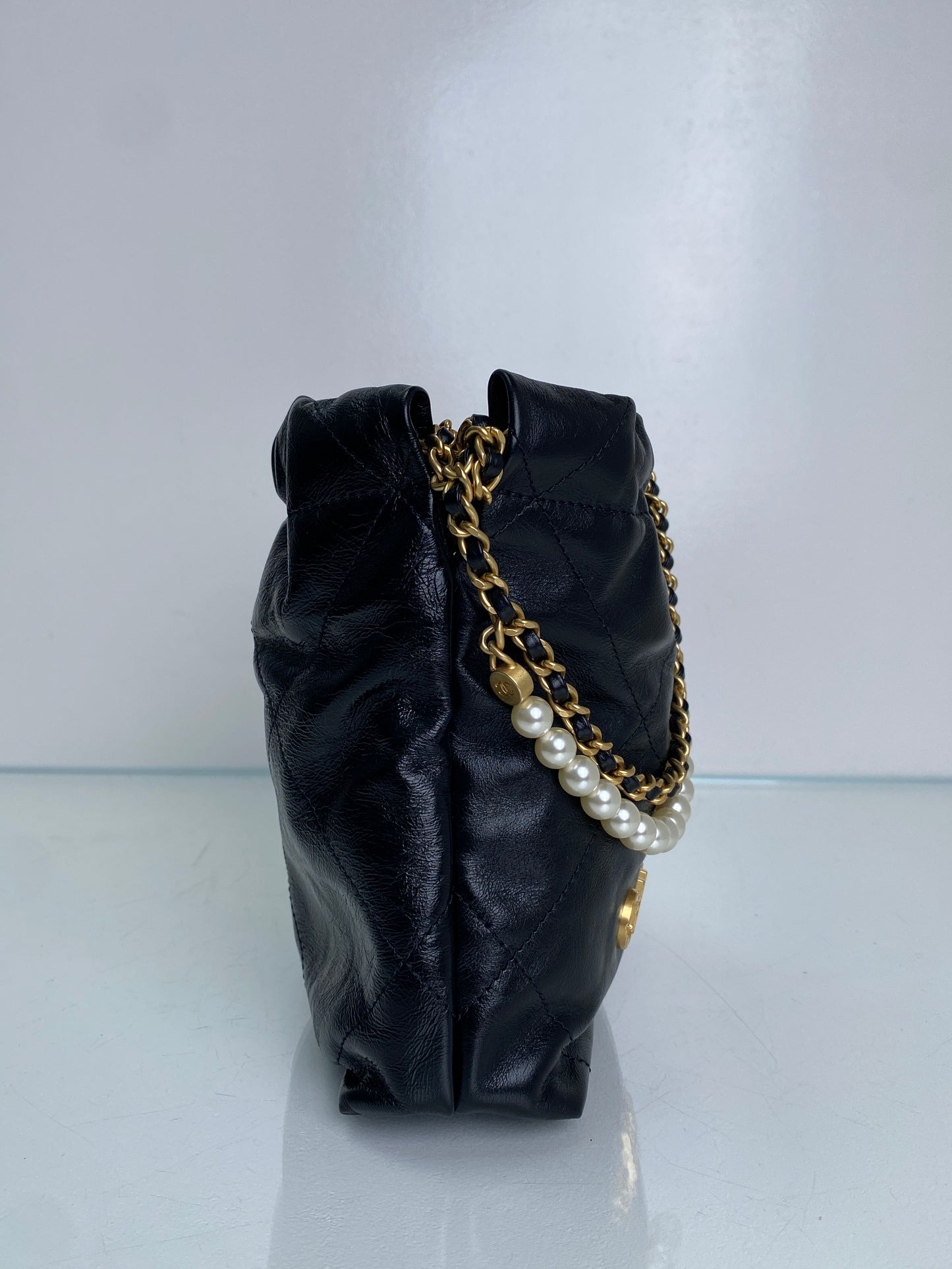 Chanel 22 Mini Black Pearl Chain Strap Bag GHW