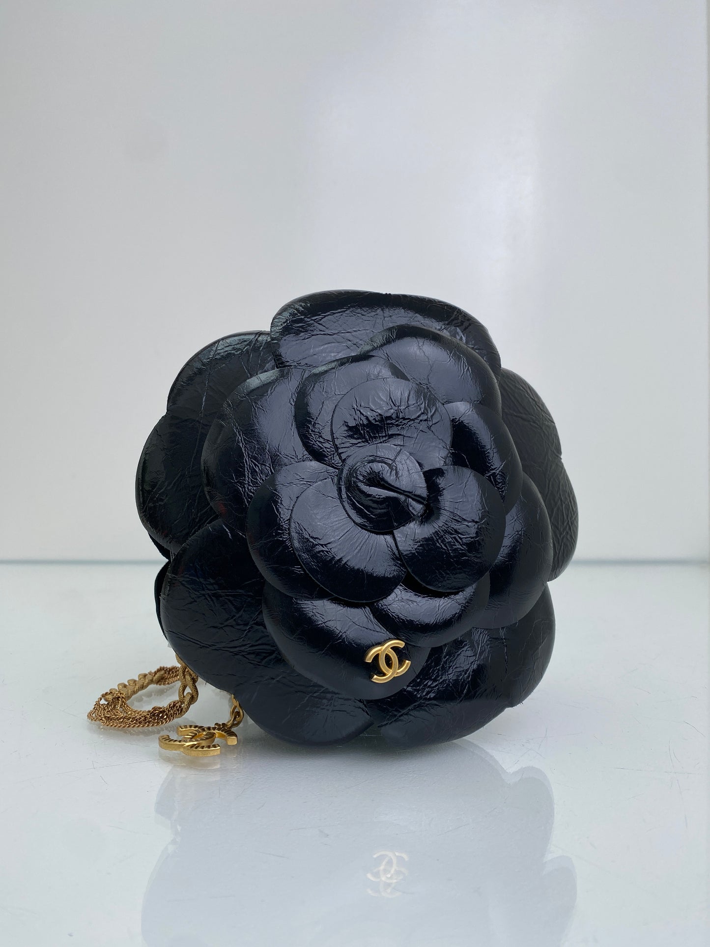 Chanel Black Camellia CC Round Clutch GHW