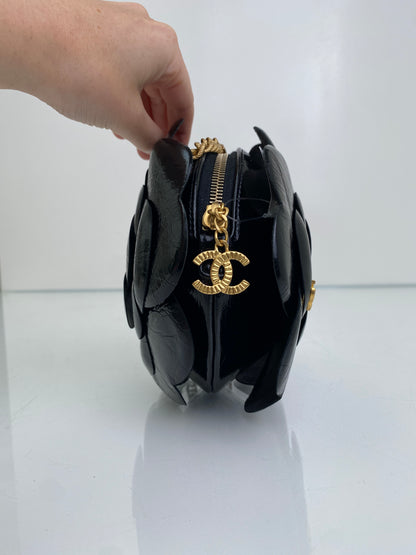 Chanel Black Camellia CC Round Clutch GHW