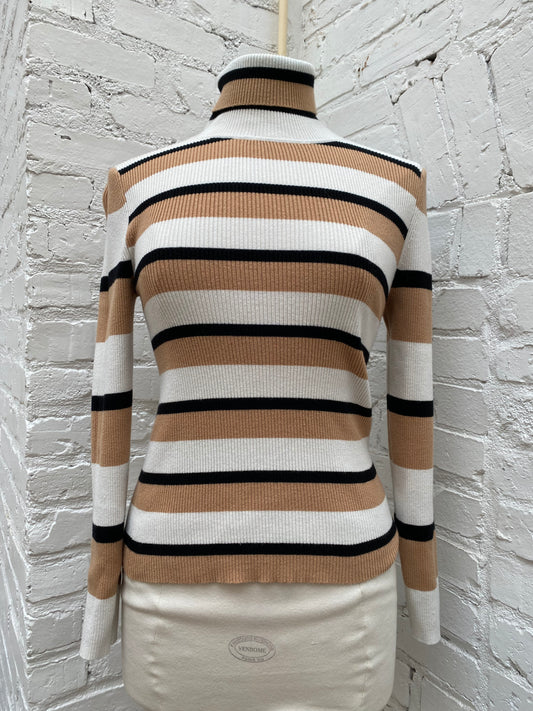 Anthropologie White, Black & Tan Cropped Turtleneck Sweater, M