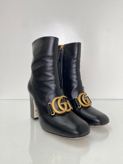 Gucci Black Leather Block GG Heeled Boots, 37.5