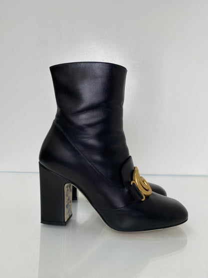 Gucci Black Leather Block GG Heeled Boots, 37.5