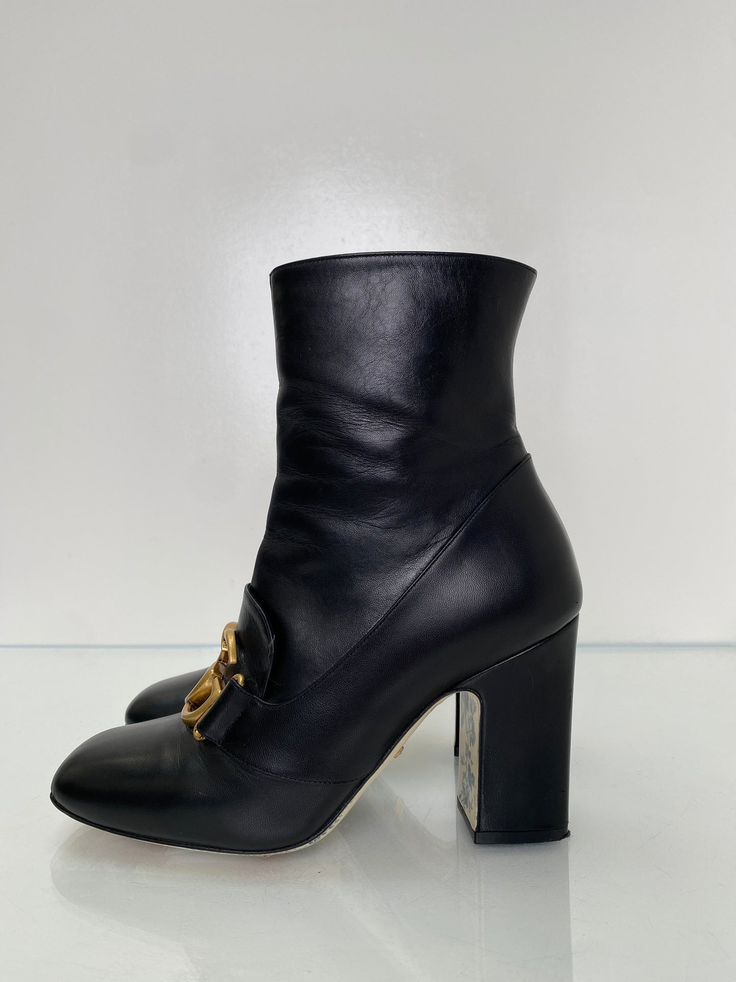 Gucci Black Leather Block GG Heeled Boots, 37.5