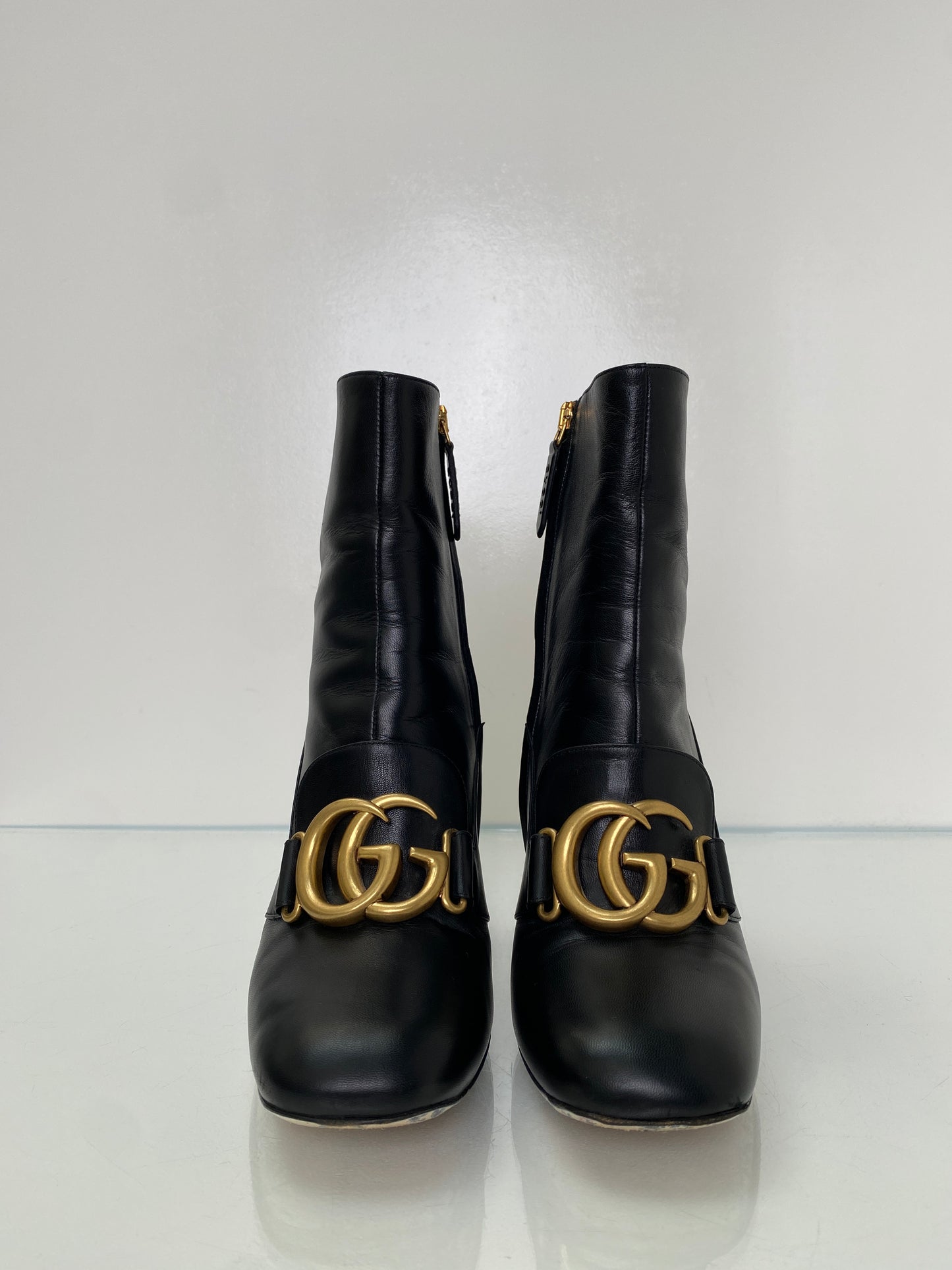 Gucci Black Leather Block GG Heeled Boots, 37.5