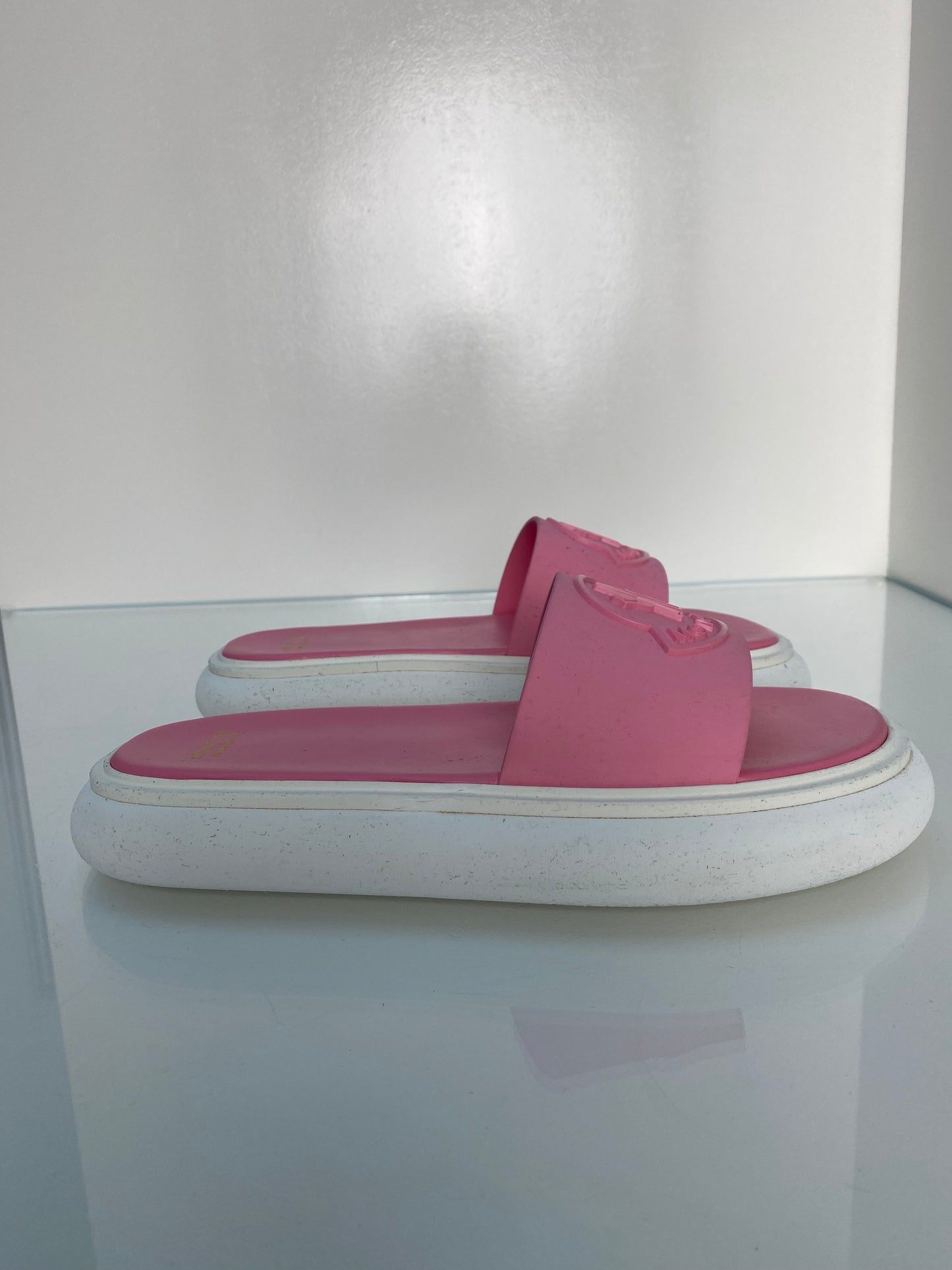 Moncler Pink & White Slides, 41