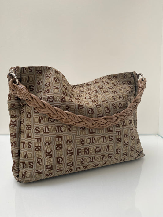 Salvatore Ferragamo Logo Brown Canvas Tote