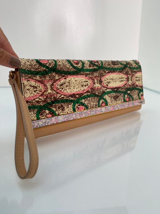 Fendi Tan, Green, & Pink Exotic Long Clutch (As Is)