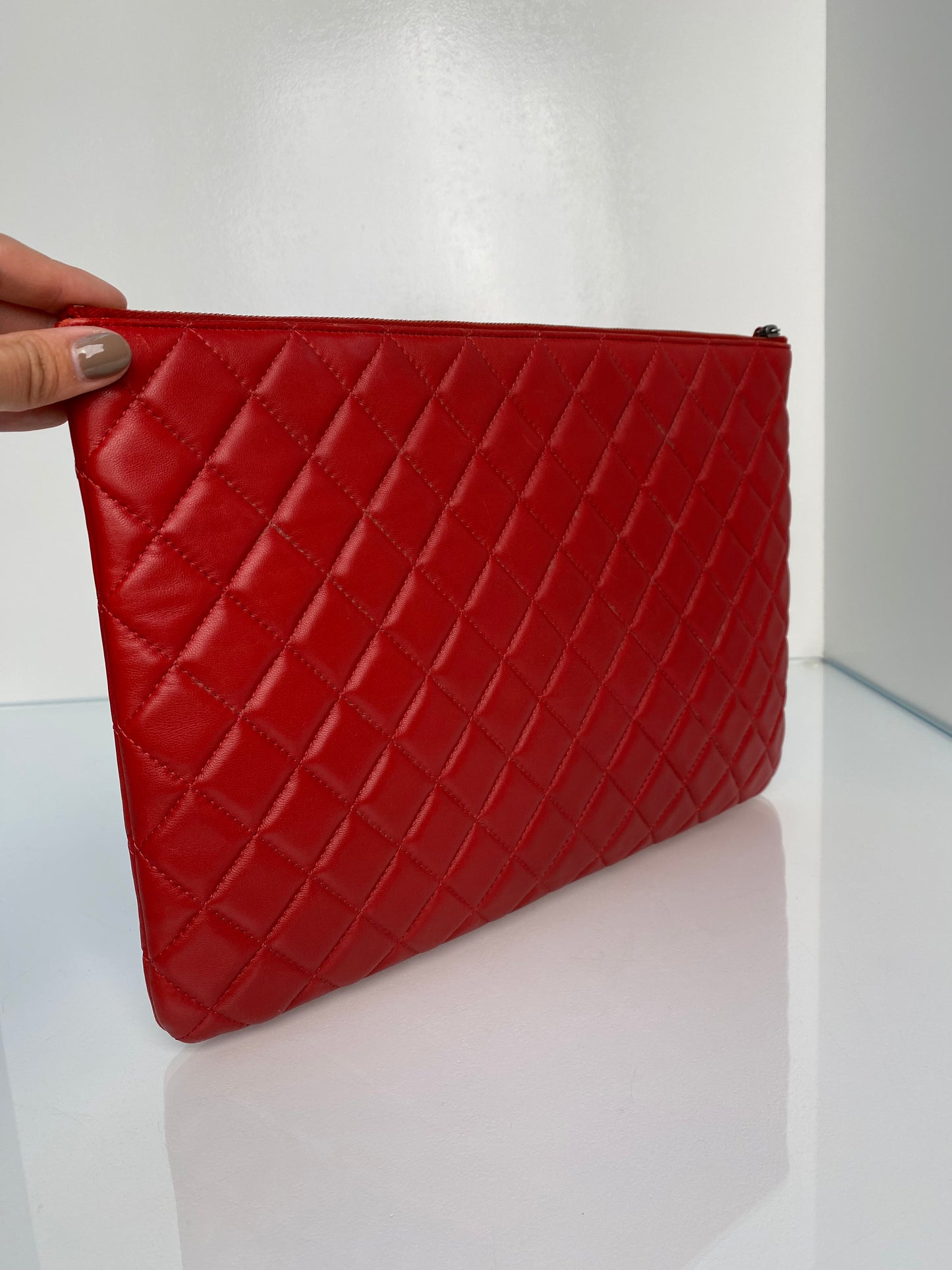Chanel Red Quilted Lambskin O Case Clutch RHDW