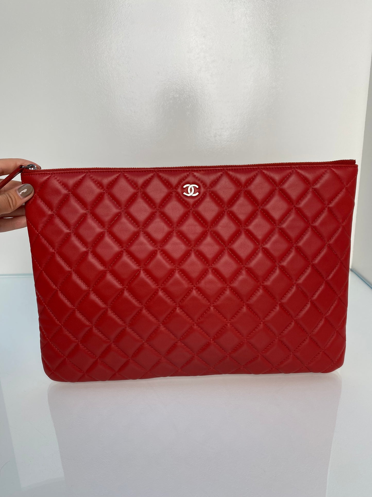 Chanel Red Quilted Lambskin O Case Clutch RHDW