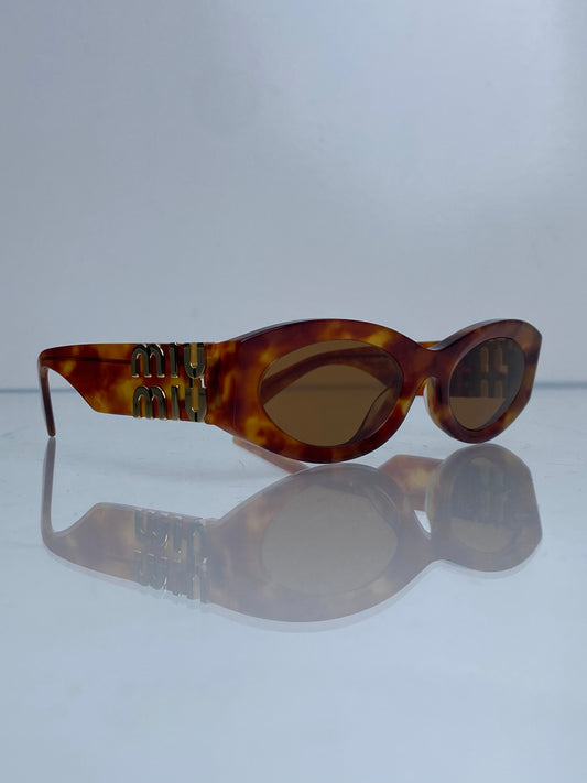 Miu Miu Brown Tortoise Gold Logo Sunglasses
