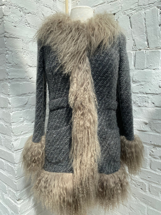 Dolce & Gabbana Grey Wool & Fur Coat, 36