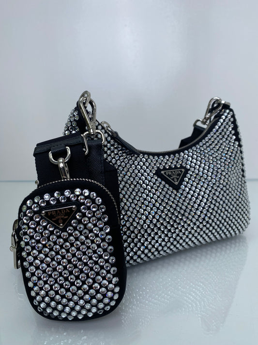 Prada Black & Crystal Re-Edition 2005 Crossbody Bag SHW