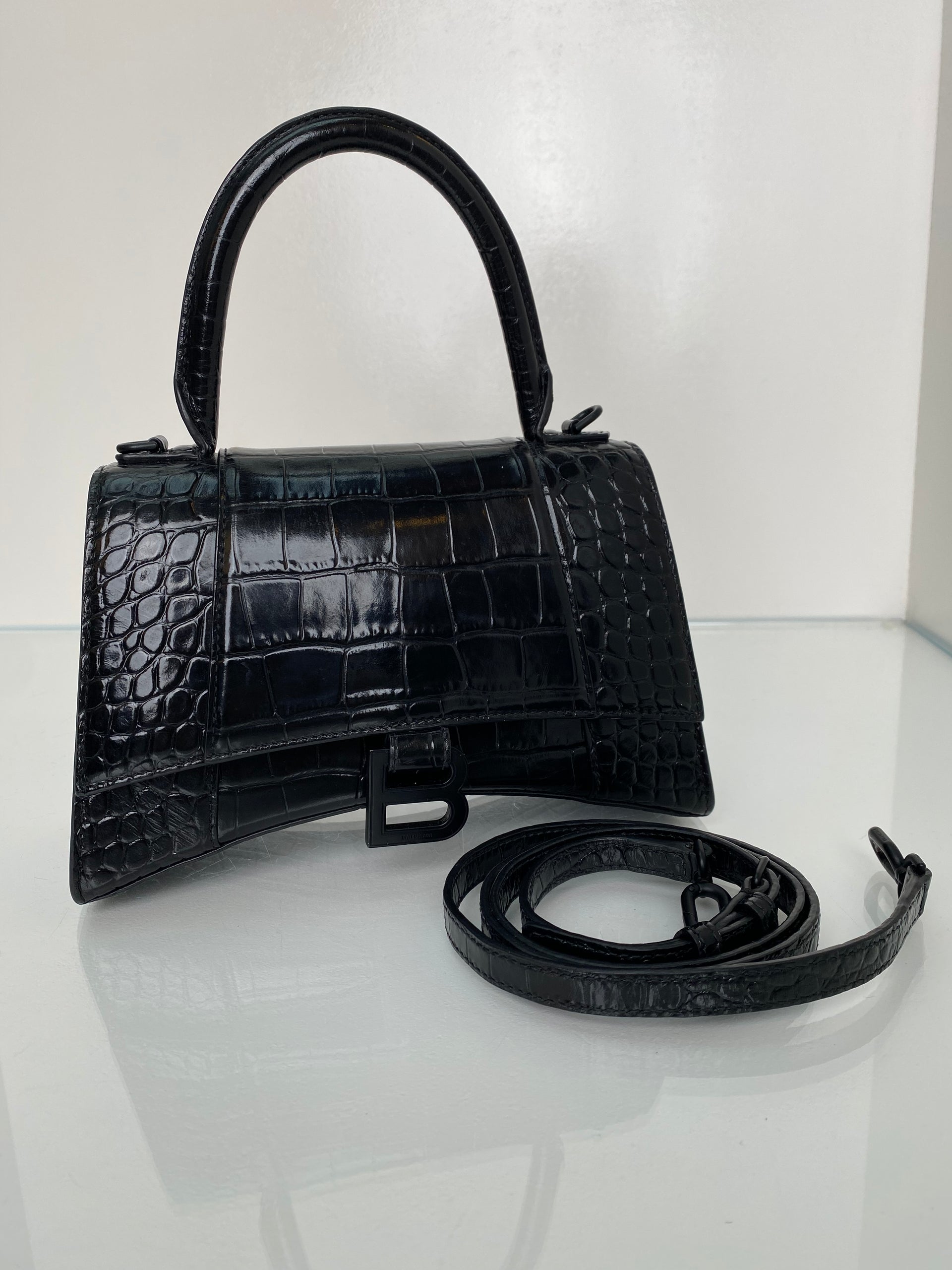 Balenciaga Black Croc Embossed Hourglass Bag BHW