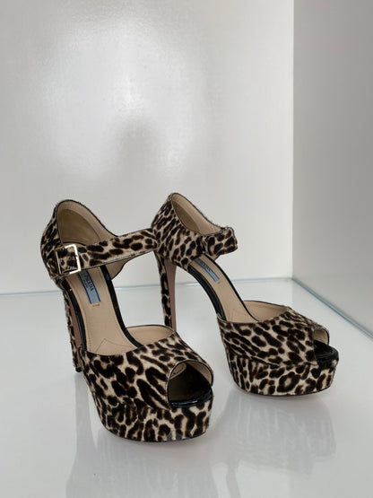 Prada Brown & White Leopard Print Pony Hair Heels, 38.5