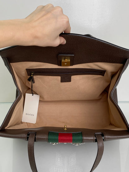 Gucci Brown Linea Totem Web Stripe Tote with Crystal Butterfly GHW