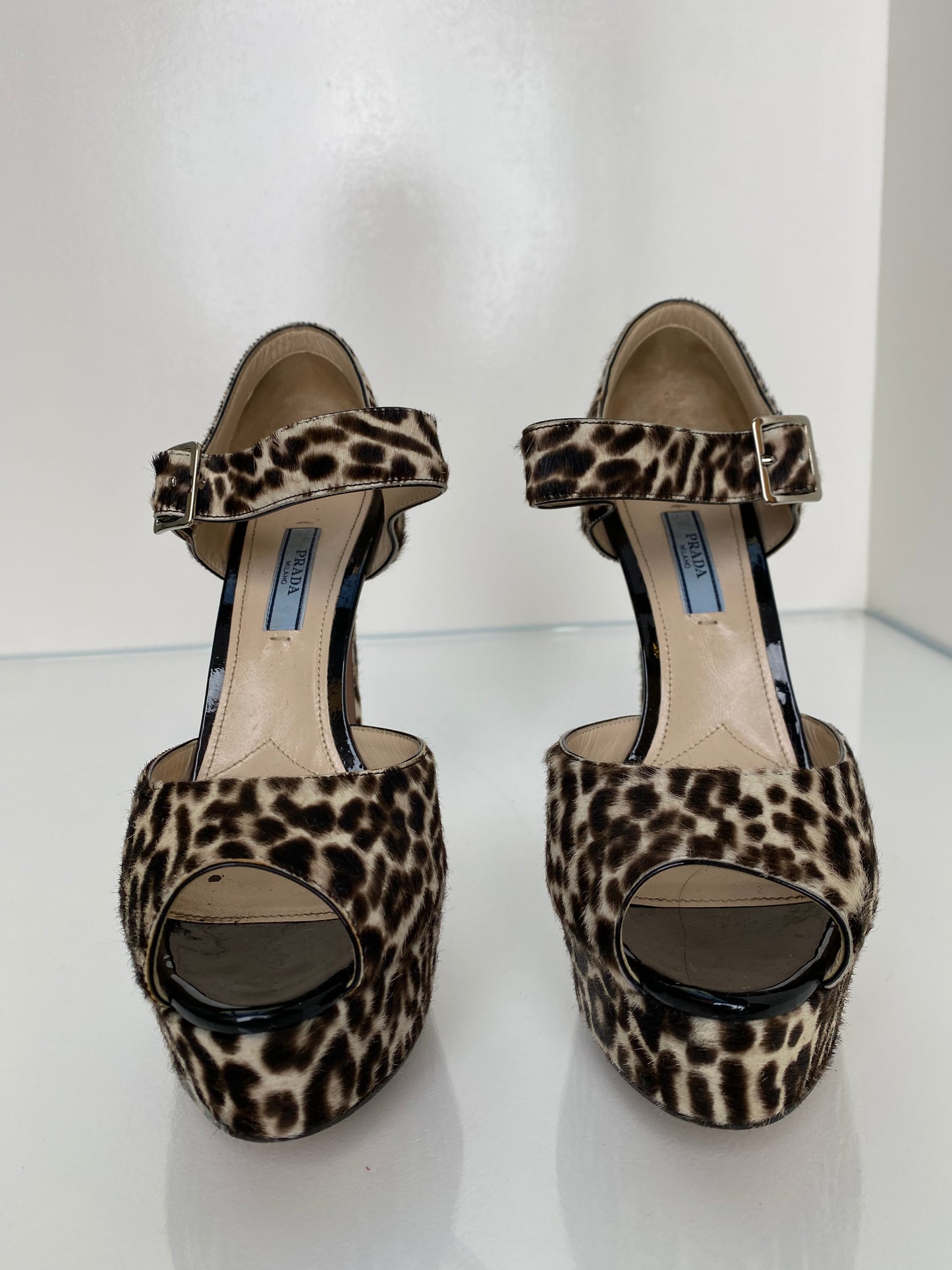 Prada Brown & White Leopard Print Pony Hair Heels, 38.5