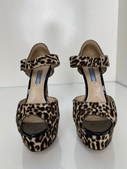Prada Brown & White Leopard Print Pony Hair Heels, 38.5