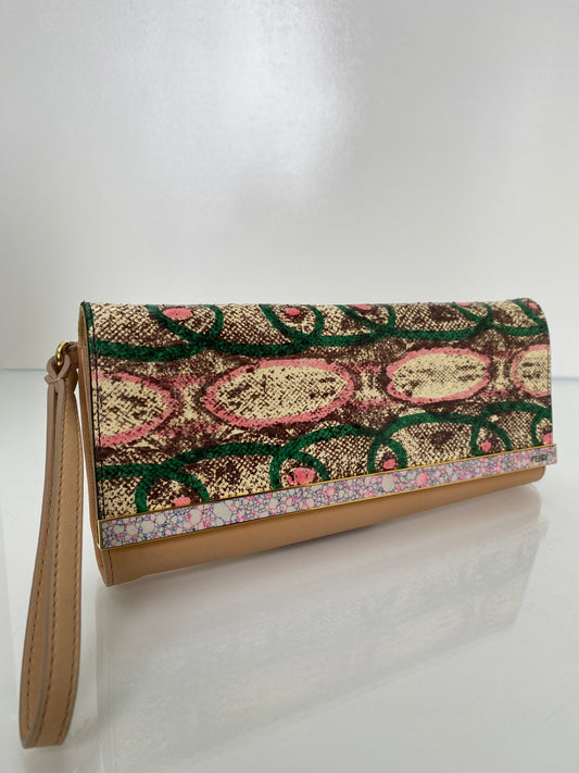 Fendi Tan, Green, & Pink Exotic Long Clutch (As Is)