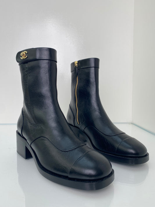 Chanel Black Interlocking CC Moto Boots, 39