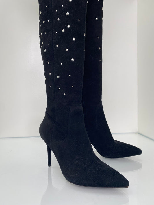 Brian Atwood Black Studded Suede Boots, 38.5