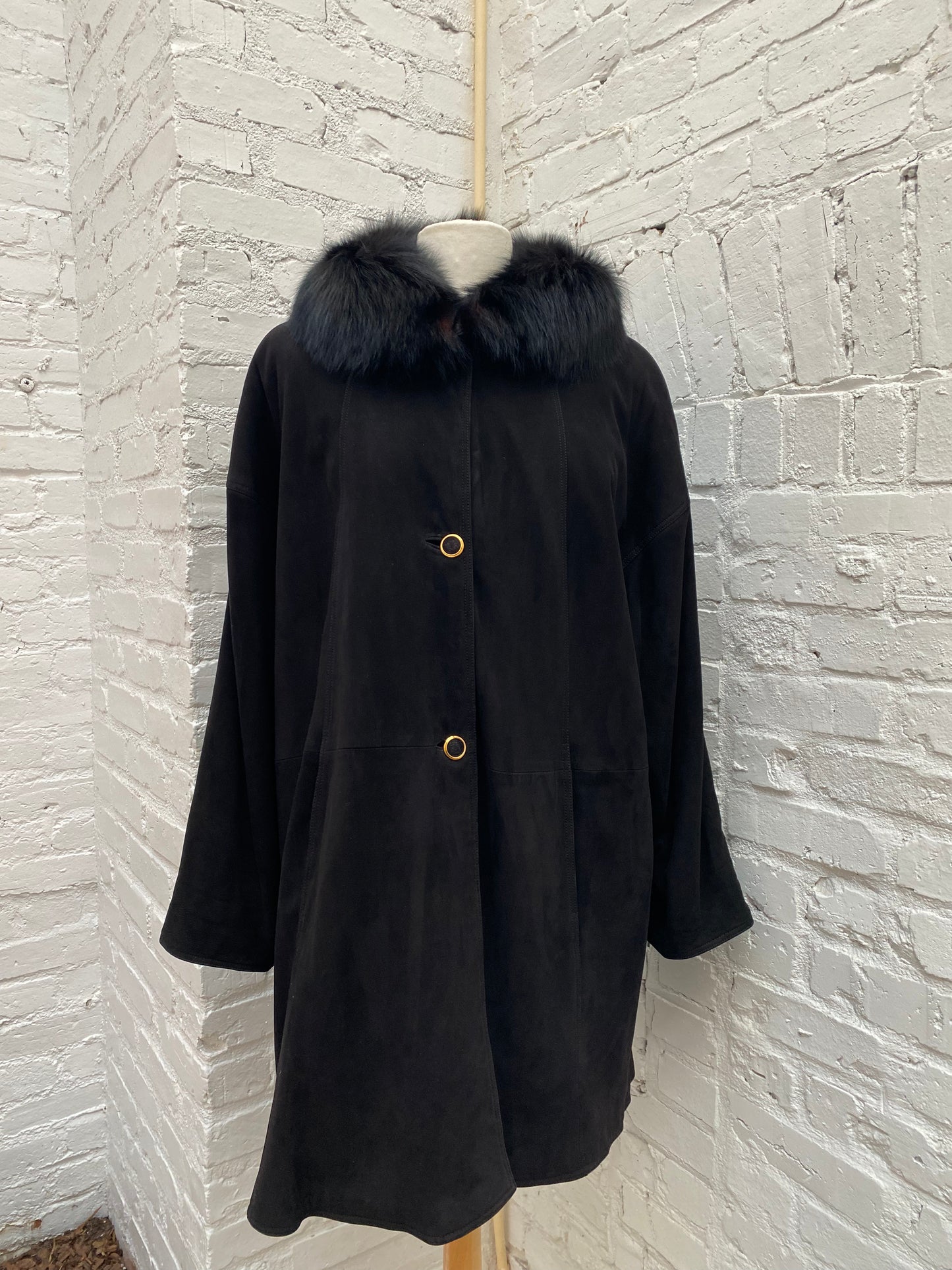 Loewe Vintage Black Fur Trim Coat, 40