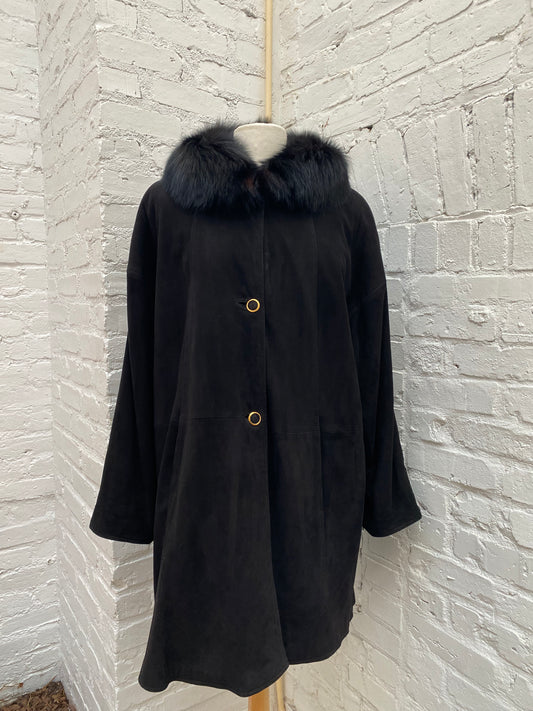Loewe Vintage Black Fur Trim Coat, 40