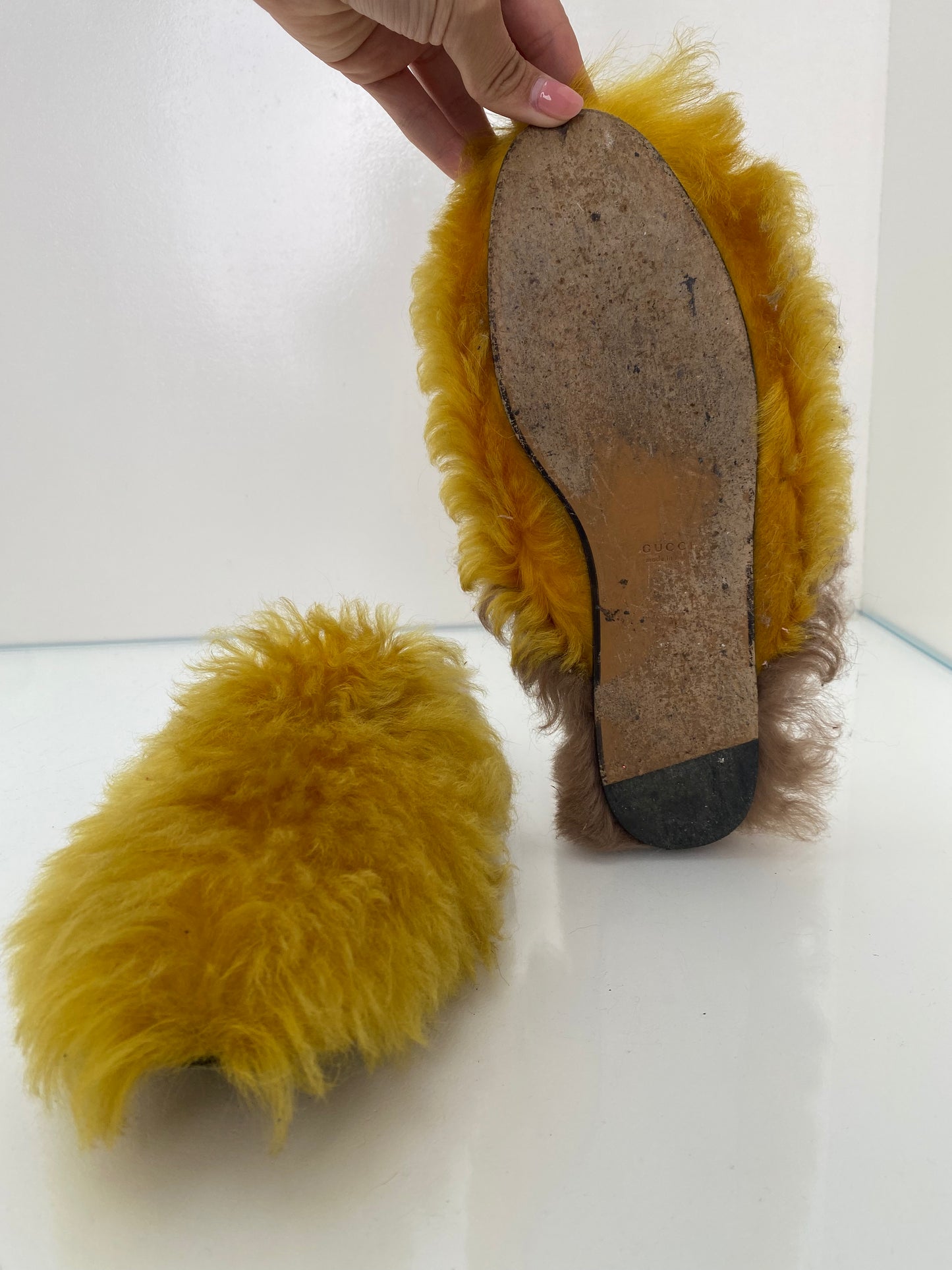 Gucci GG Yellow Shearling Princetown Mules, 38