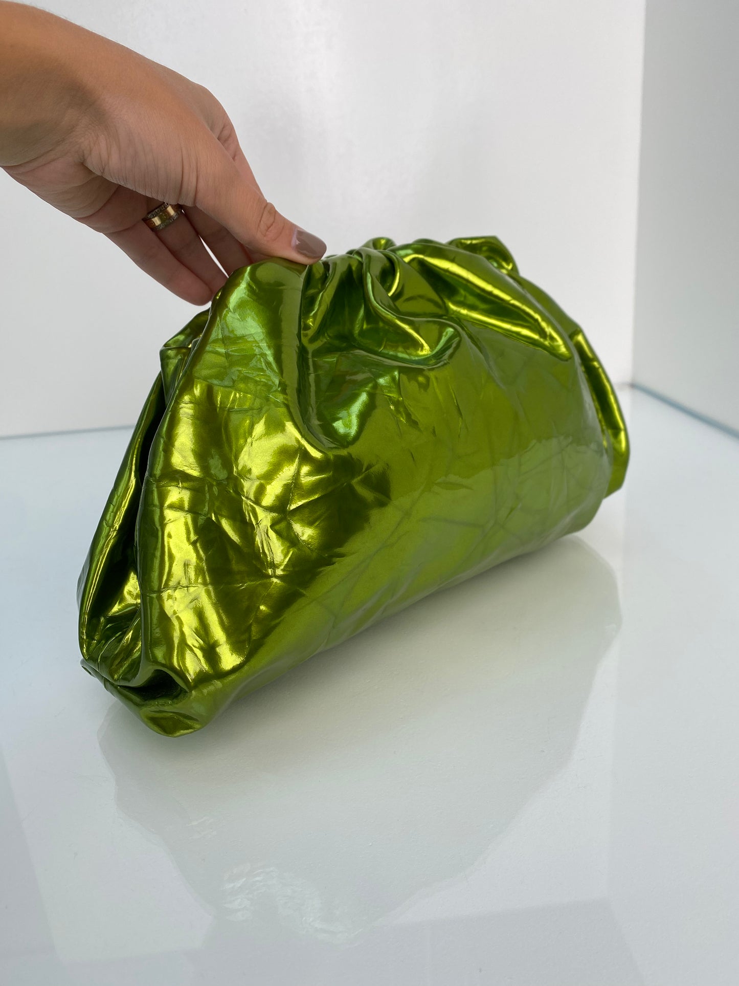 Bottega The Pouch Green Metallic Clutch