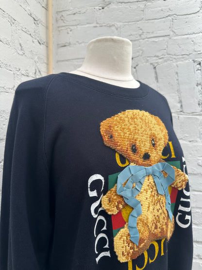 Gucci Navy Teddy Bear Crewneck Sweatshirt, L