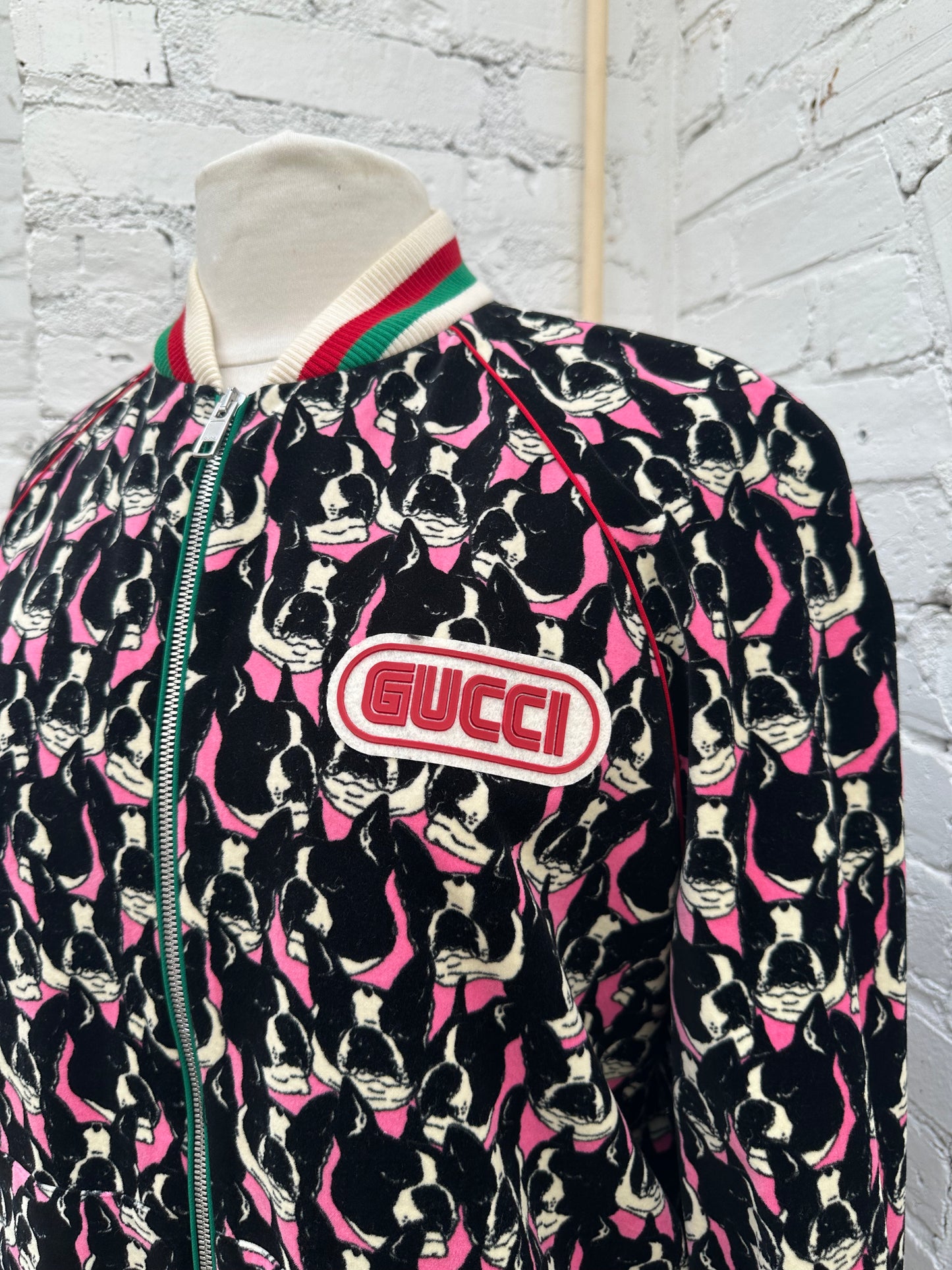 Gucci Bosco Pink Velvet Bomber Jacket, 46