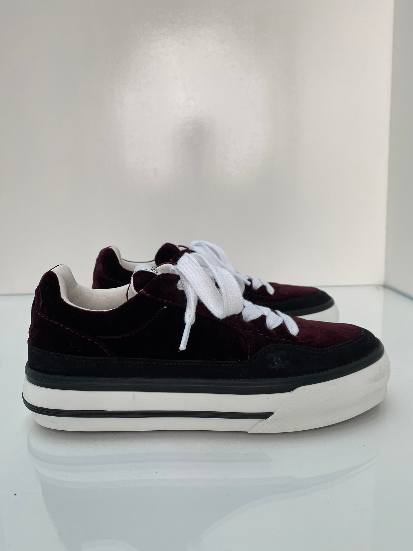 Chanel Burgundy Velvet CC Logo Sneakers, 39