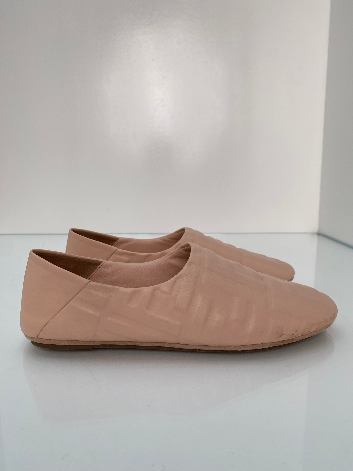 Fendi Blush Nappa FF Embossed Slippers, 39
