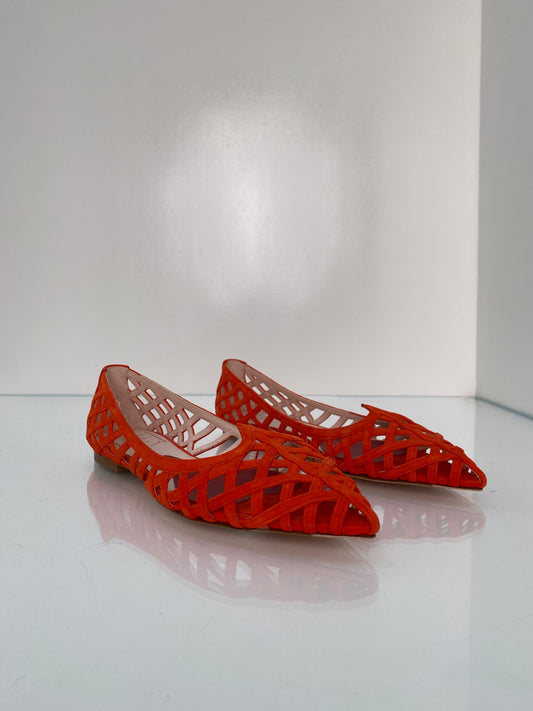 Roger Vivier Orange Suede Cage Ballet Flats, 38.5