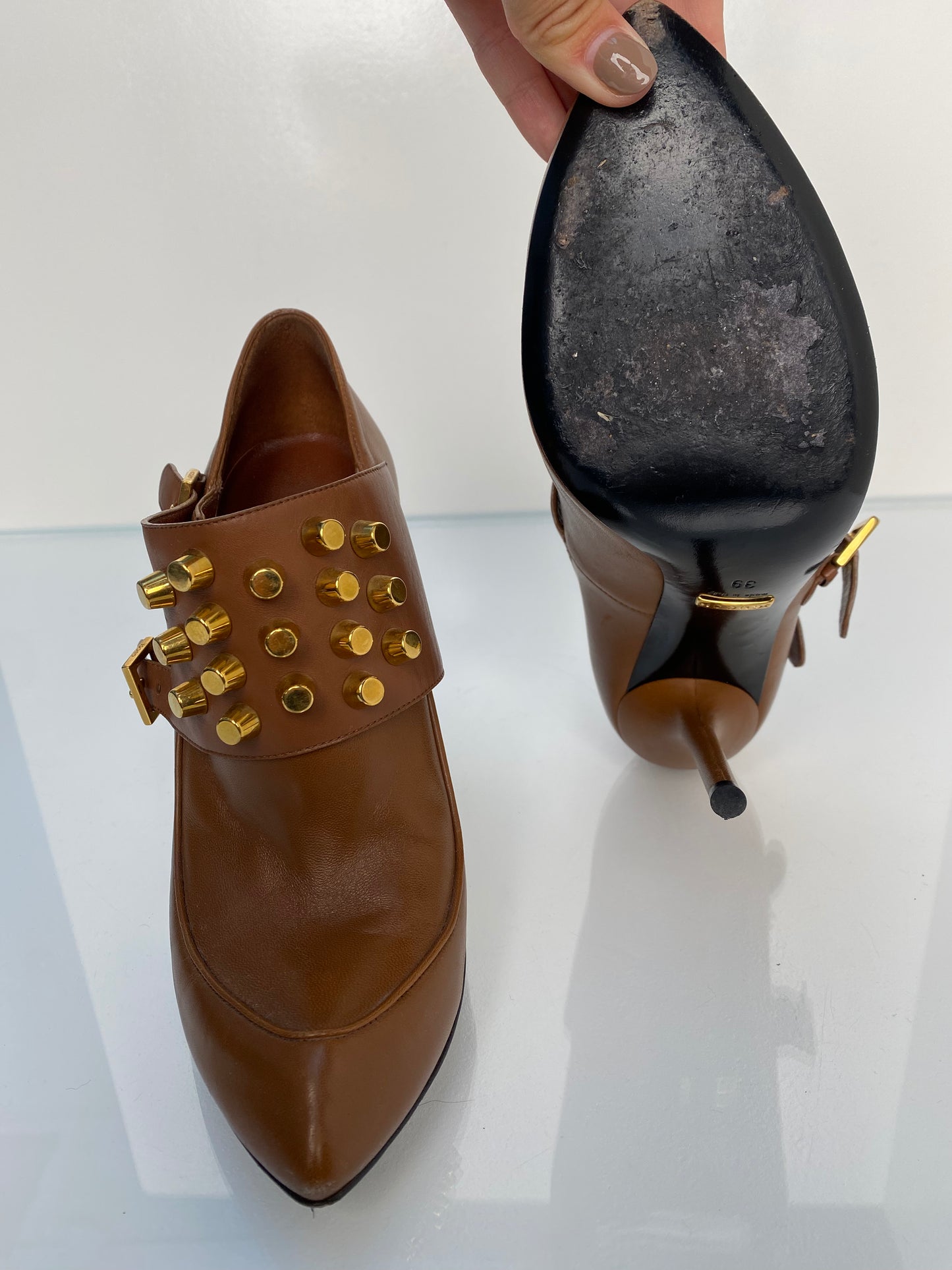 Gucci Brown & Gold Studded Booties, 39