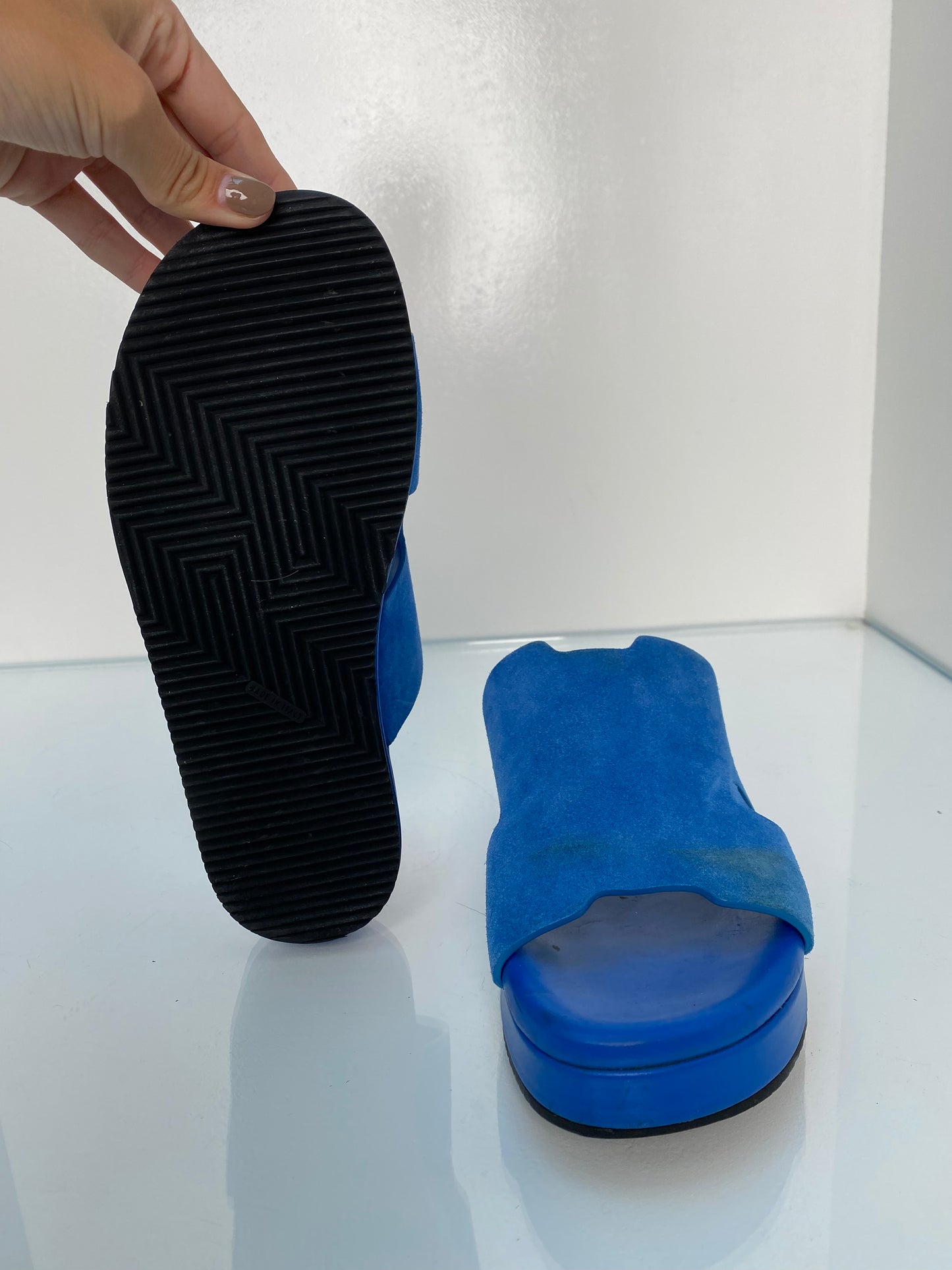 Hermes Blue Suede Sandals, 38 (As is)