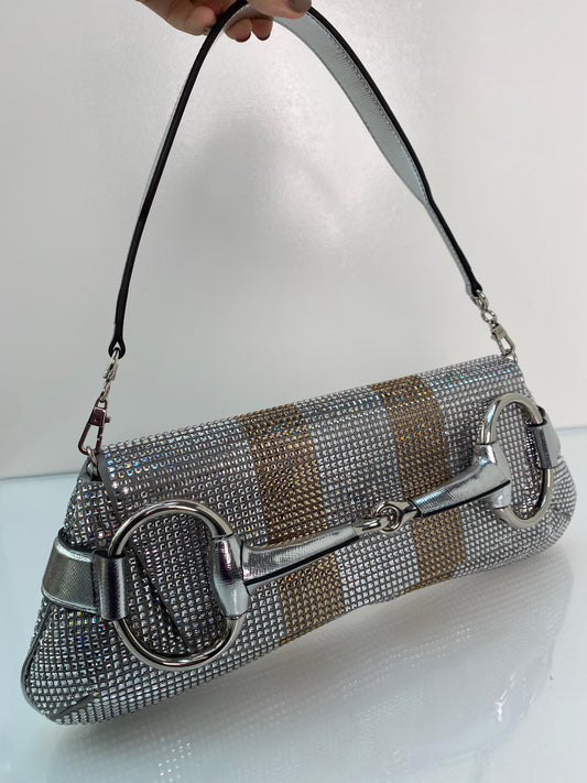 Gucci Rhinestone Horsebit Shoulder Bag SHW