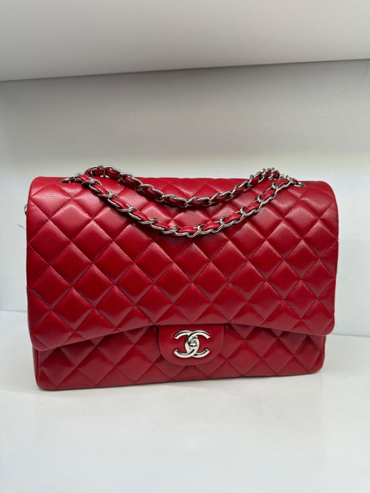 Chanel Red Caviar Leather Maxi Classic Double Flap SHW