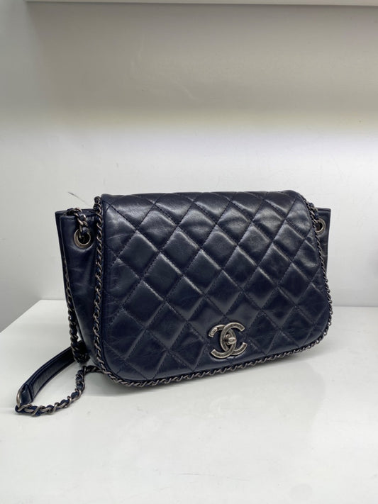 Chanel Navy Glazed Calfskin Chain Flap Bag RHW