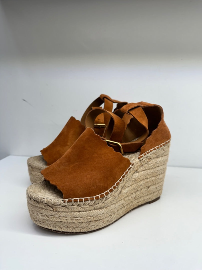 Chloé Brown Scalloped Suede Wedges, 37