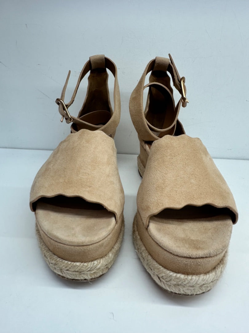 Chloé Beige Suede Scalloped Wedges, 37