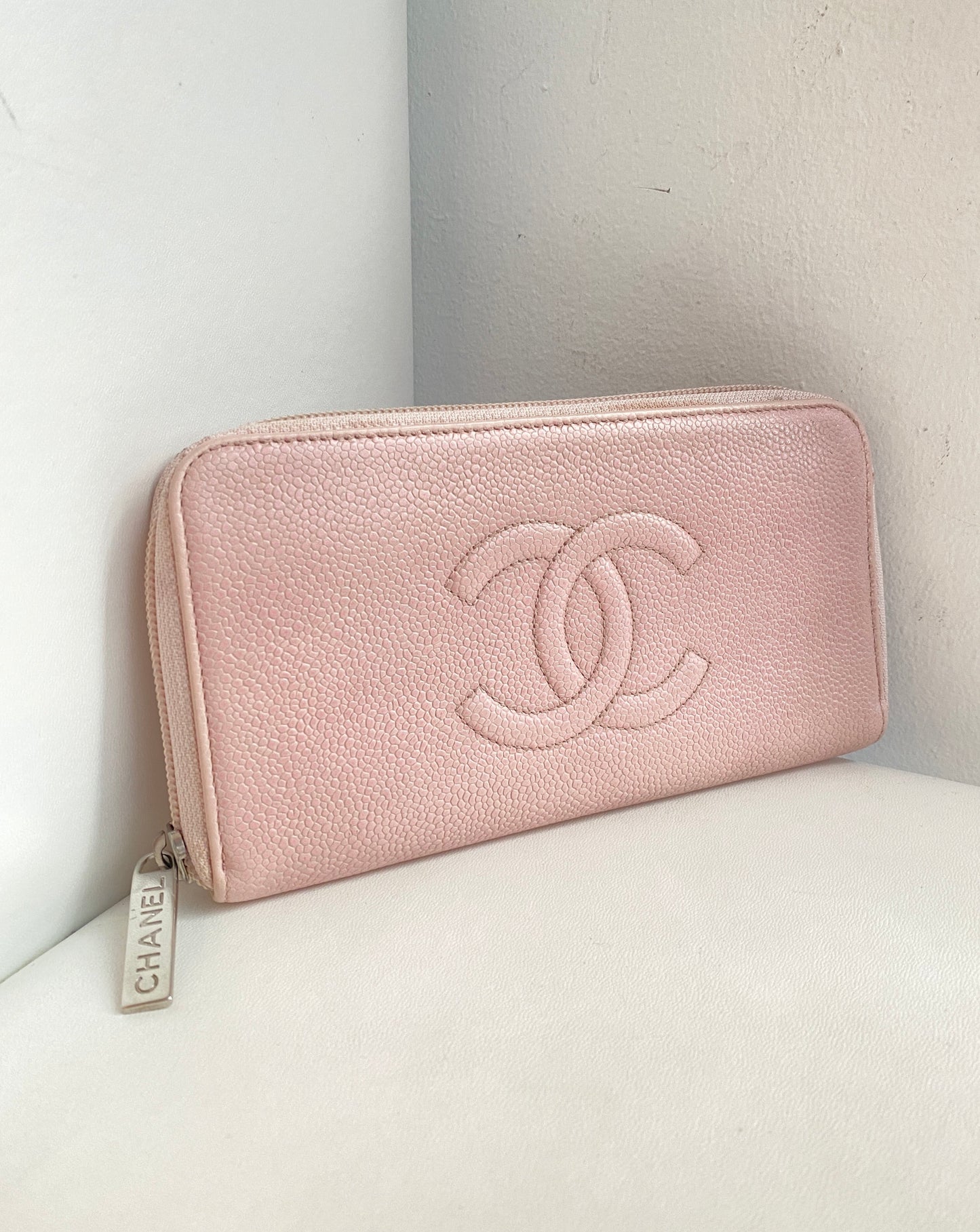 Chanel Pink Timeless Caviar Zippy Wallet