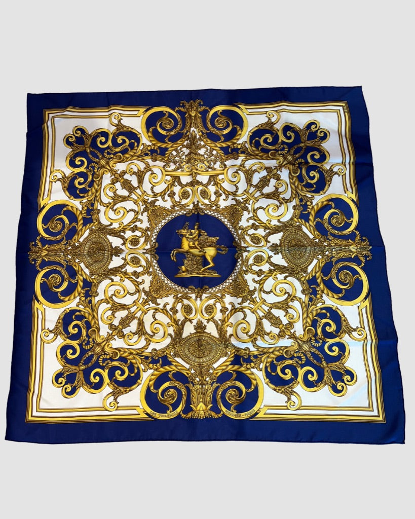 Hermes Royal Blue Gold Horse Silk Scarf